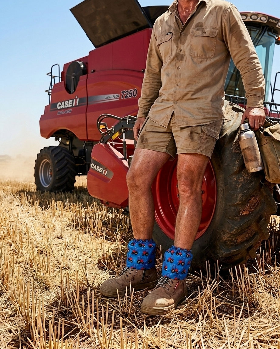 Man standing on a red Case IH combine harvester in a field